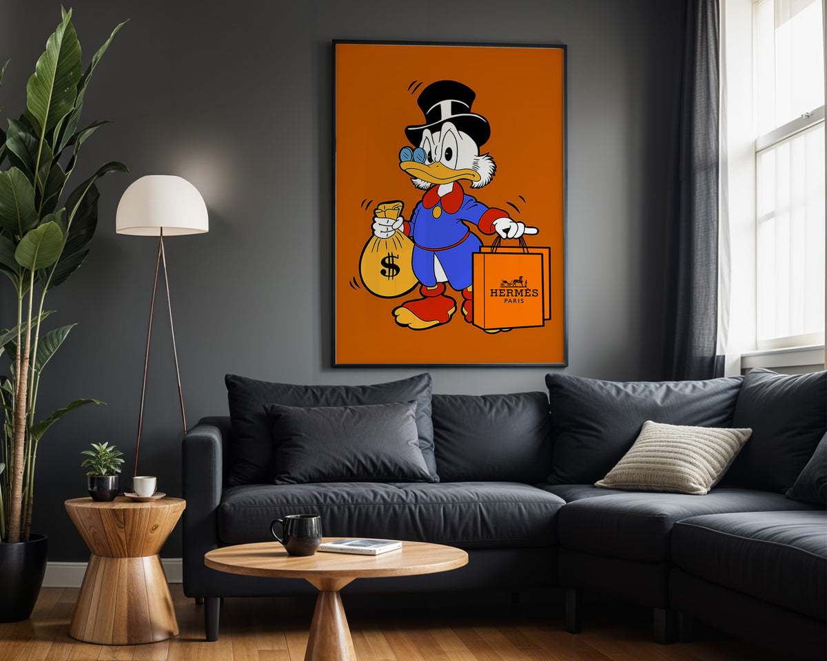 Scrooge Hermès Run wall art – framed room view