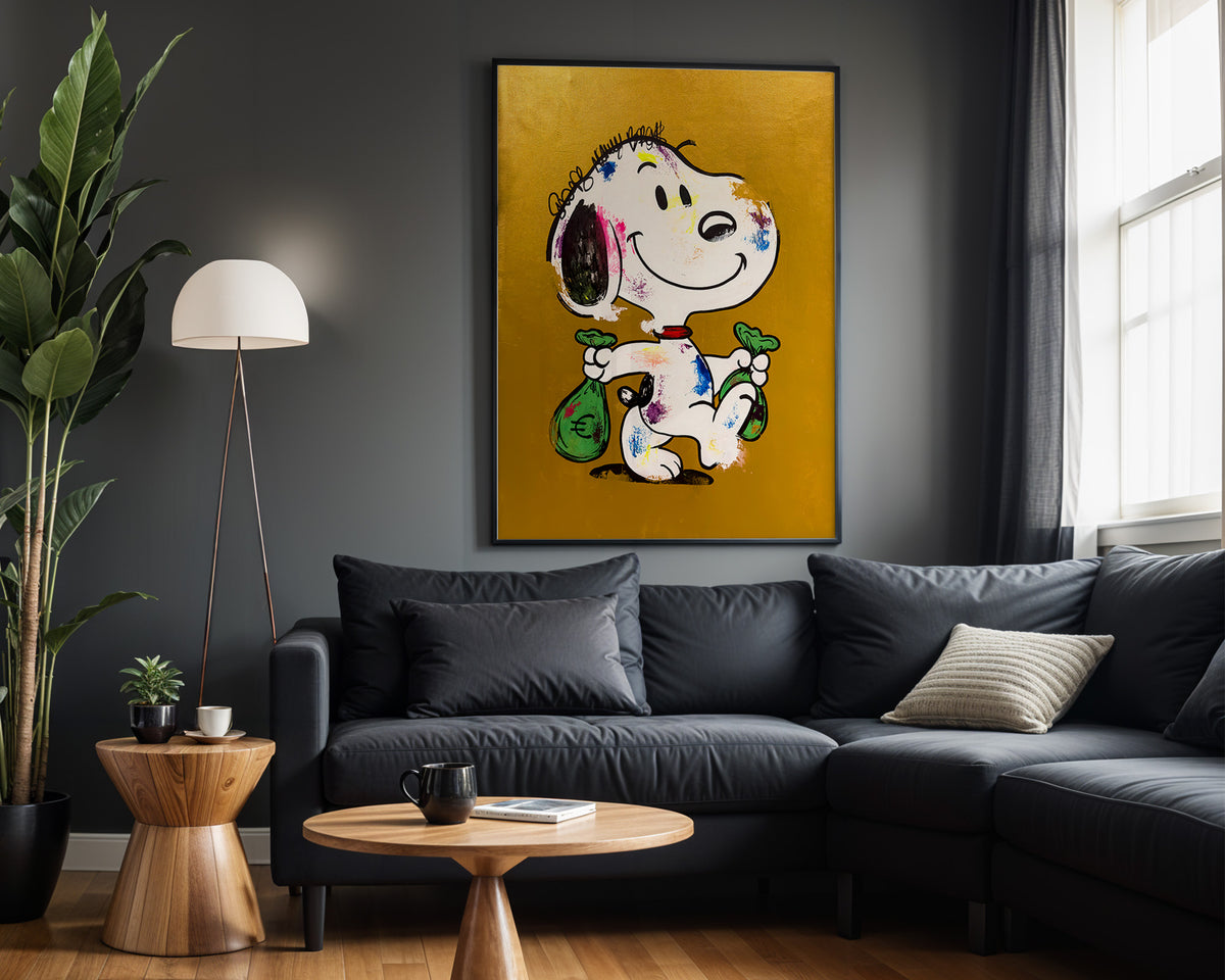 Snoopy Money Bags wall art – framed room view