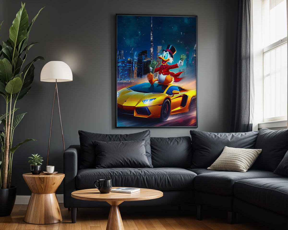 Scrooge Supercar Hustle wall art – framed room view