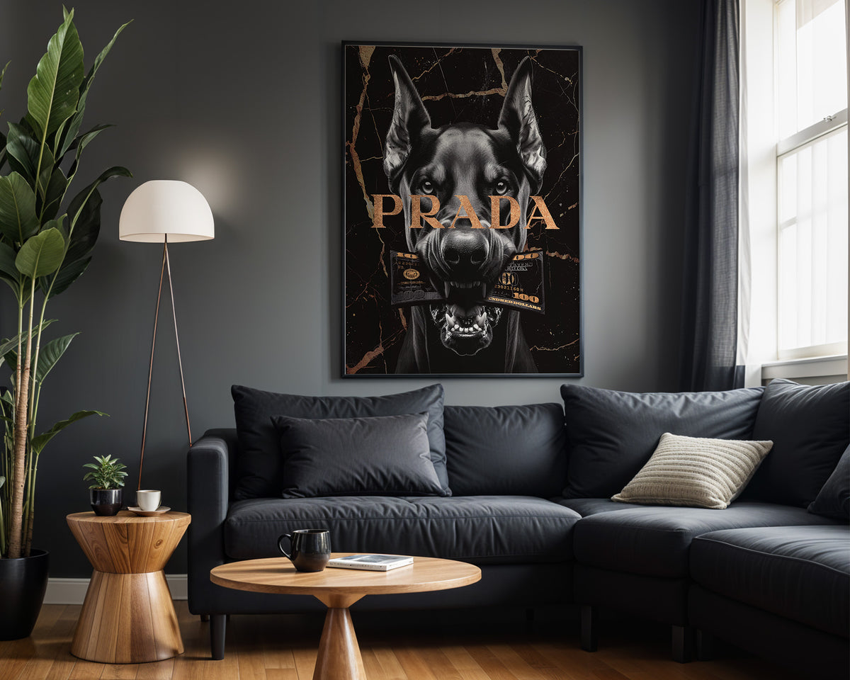 Prada Guard Dog wall art – framed room view