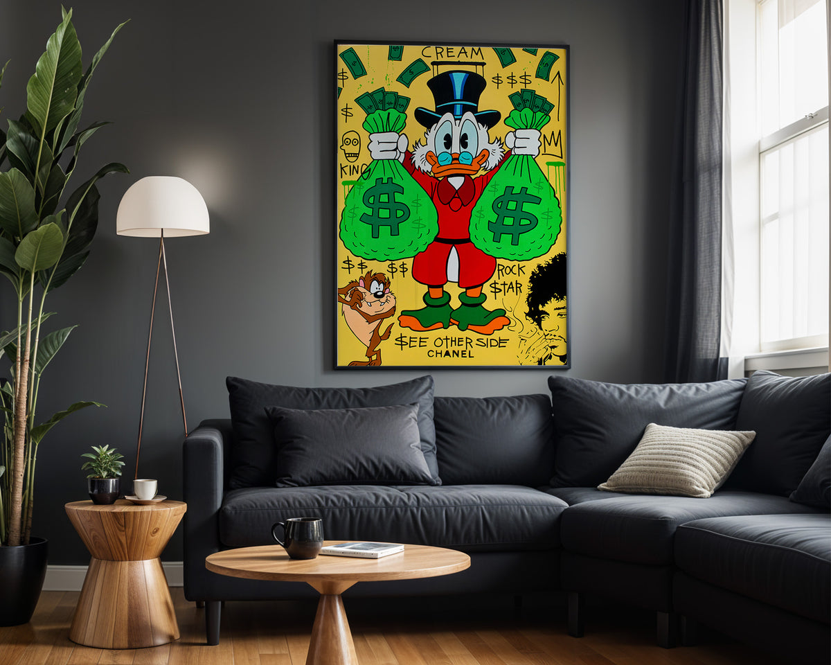 Scrooge Cash Bags wall art – framed room view