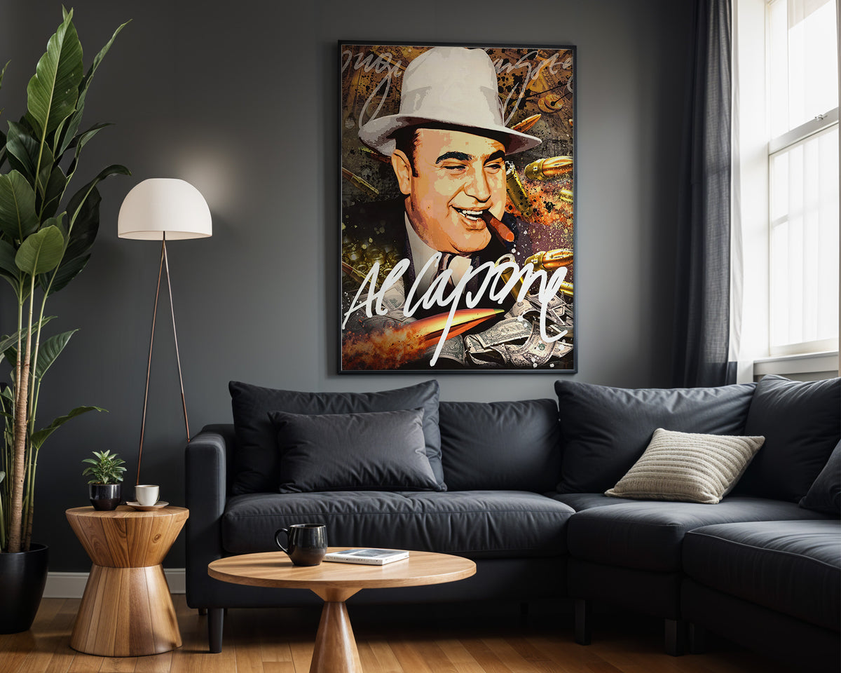 Al Capone Money Portrait wall art – framed room view