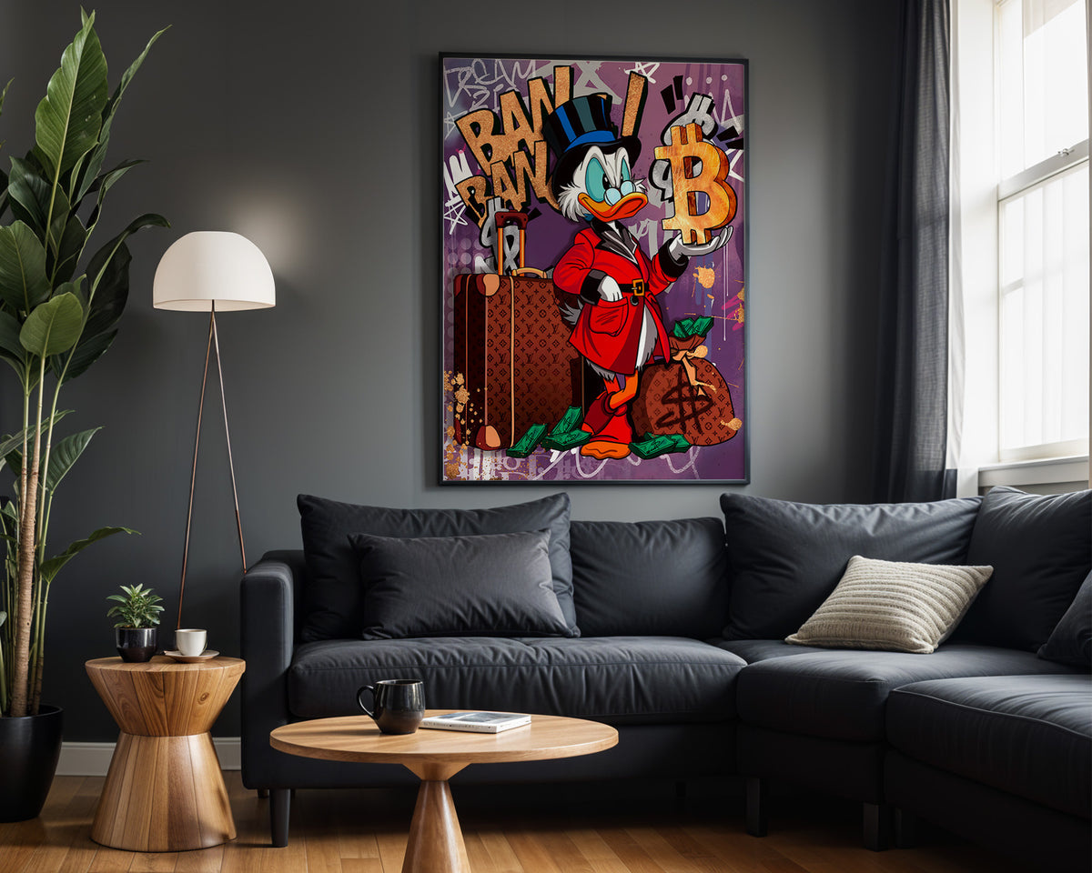 Scrooge Bitcoin Purple wall art – framed room view