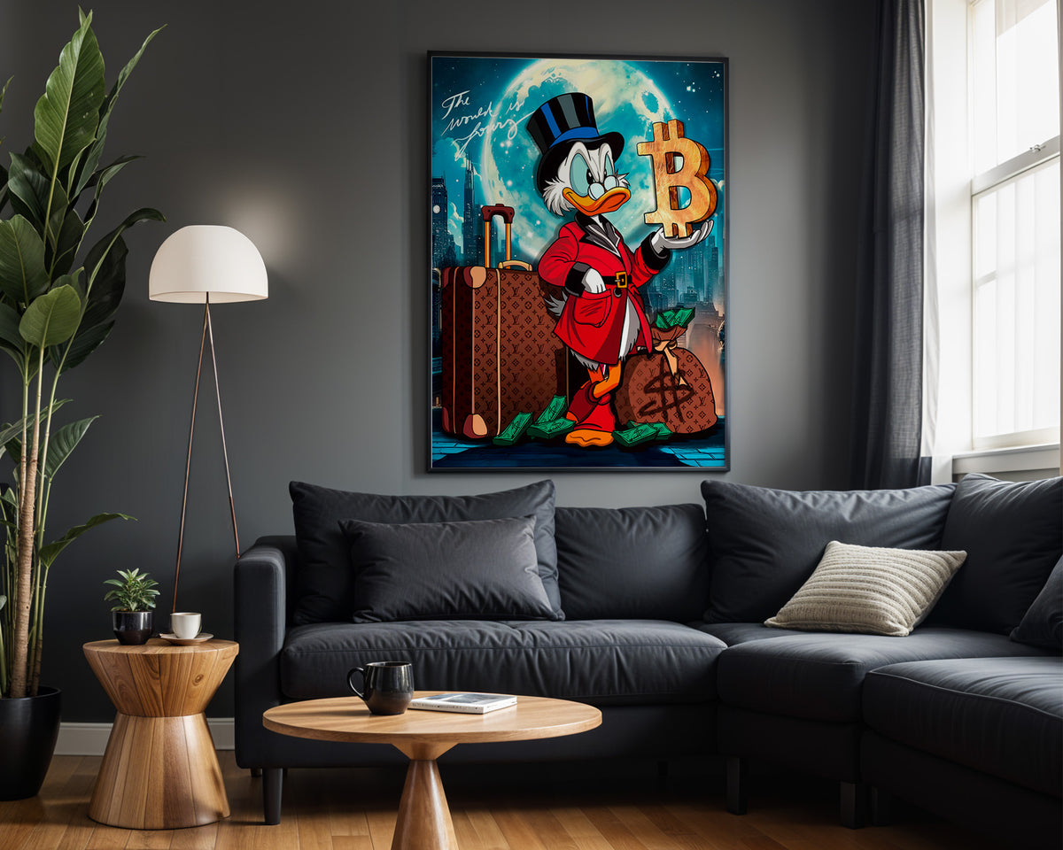 Scrooge Bitcoin Blue wall art – framed room view