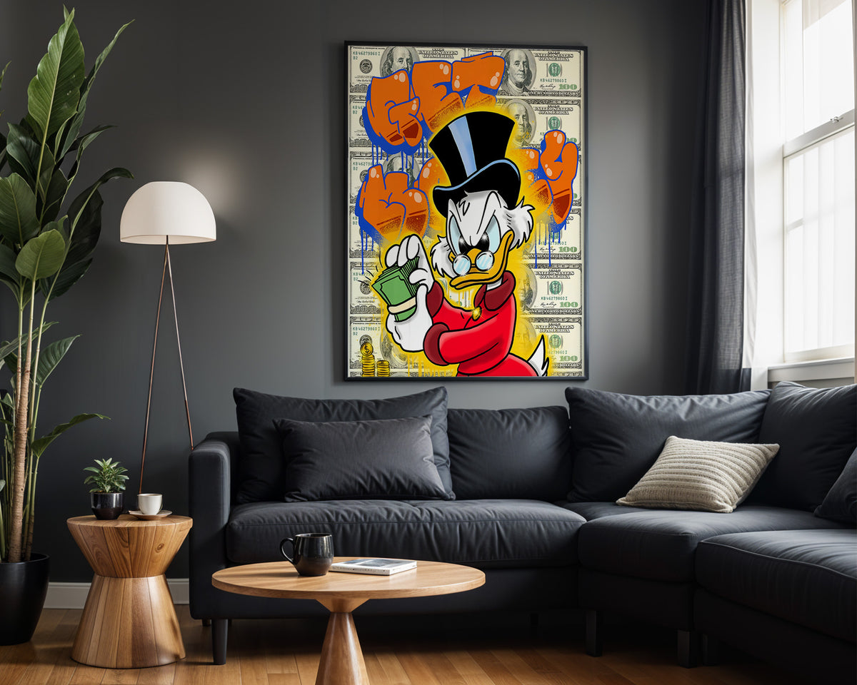 Scrooge Cash Count Orange wall art – framed room view
