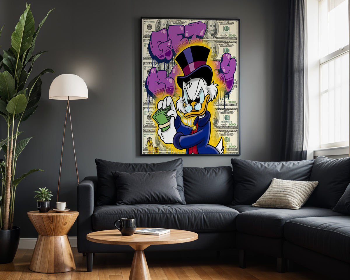 Scrooge Cash Count Purple wall art – framed room view