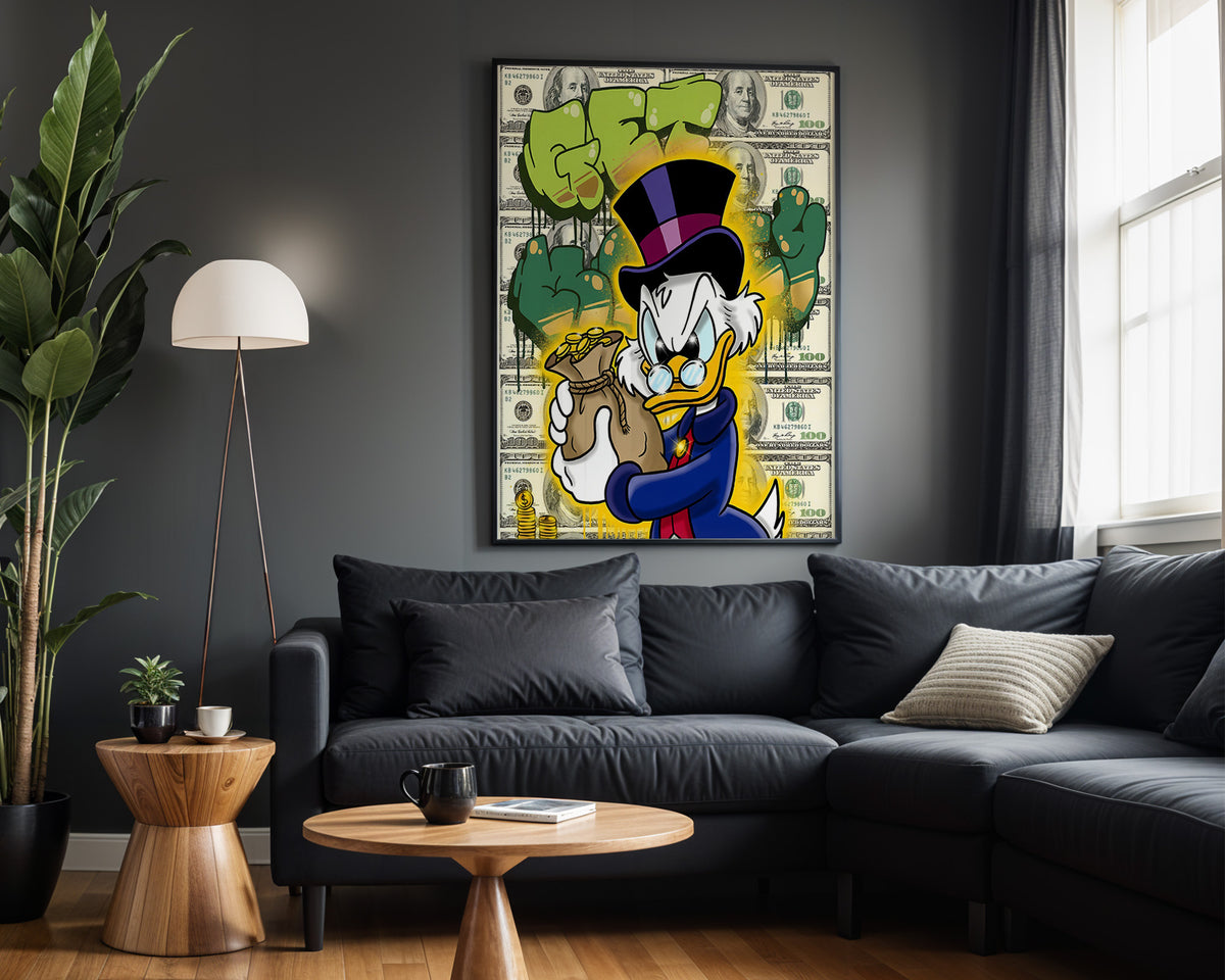 Scrooge Gold Bag Green wall art – framed room view