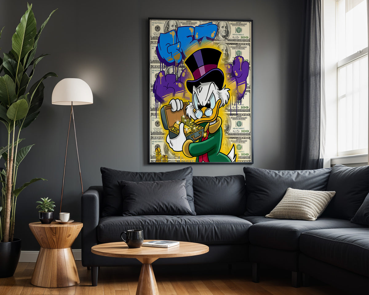 Scrooge Gold Bar Blue wall art – framed room view
