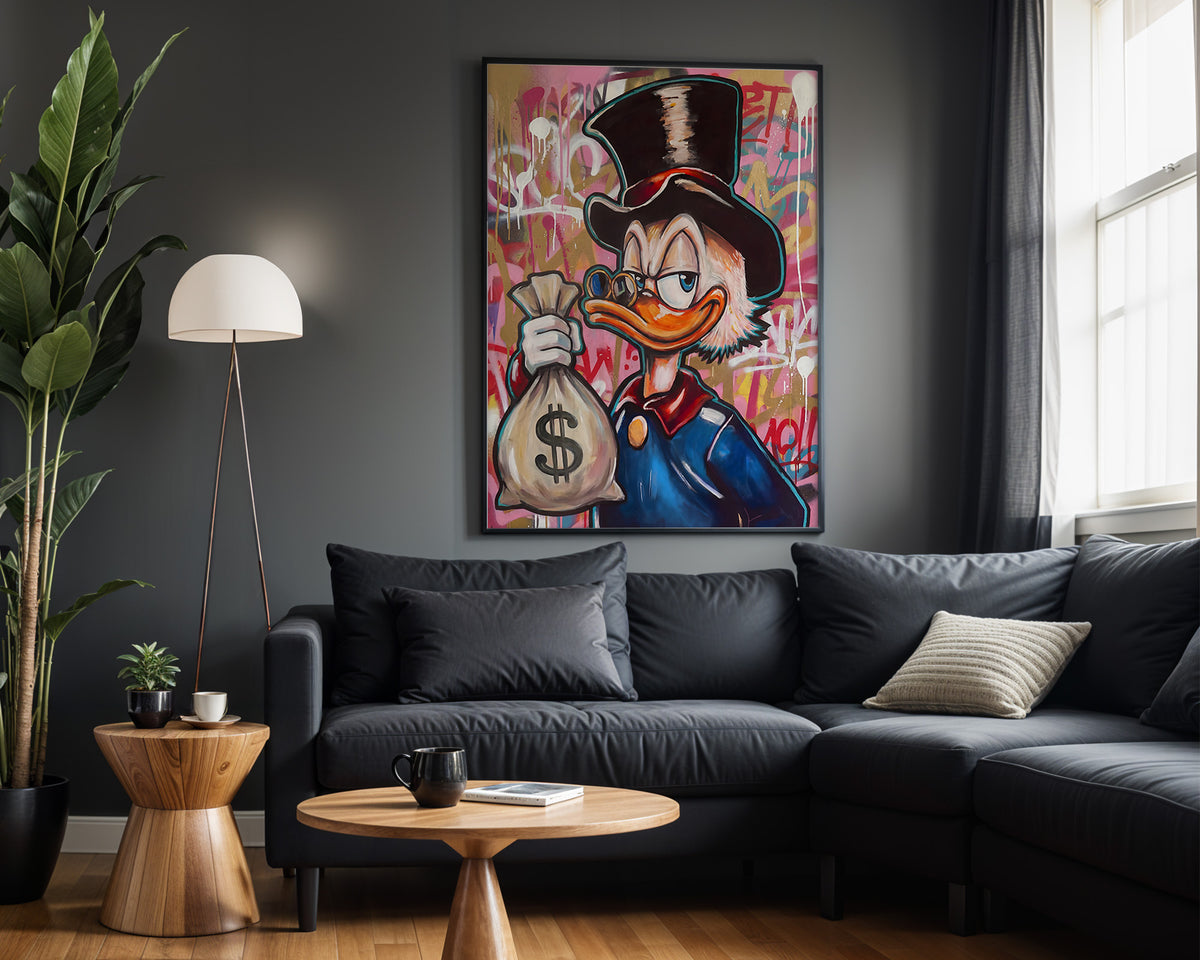 Scrooge Money Bag Pink wall art – framed room view