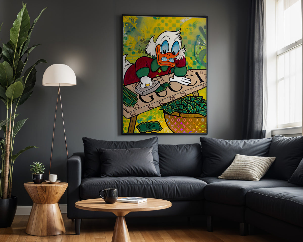 Scrooge Designer Cash wall art – framed room view