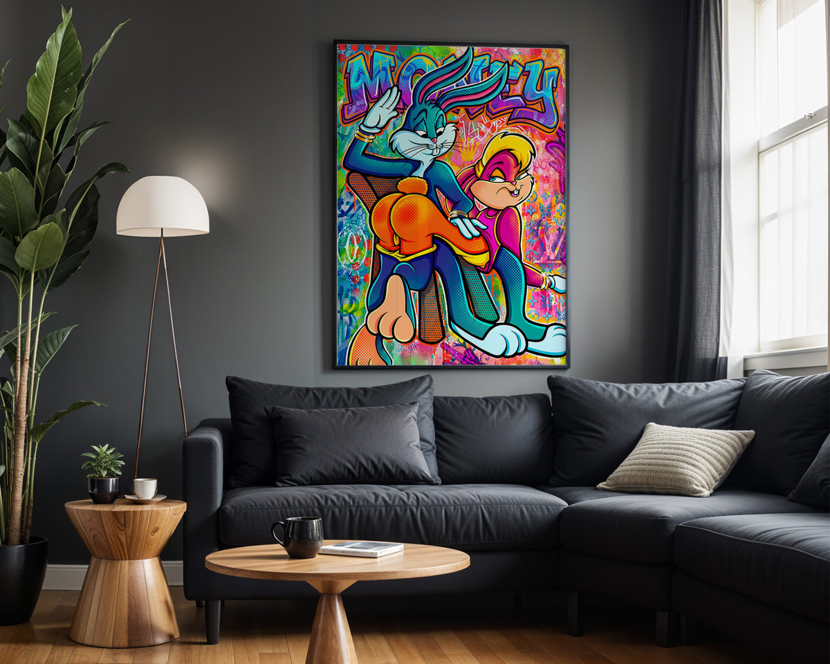 Bugs & Lola Money Rush wall art – framed room view