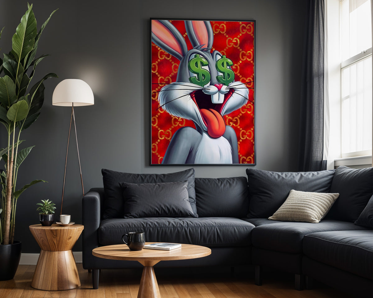 Bugs Money Vision wall art – framed room view