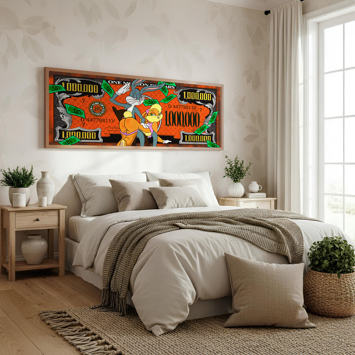 Cash Splash panoramic wall art shown in a bedroom