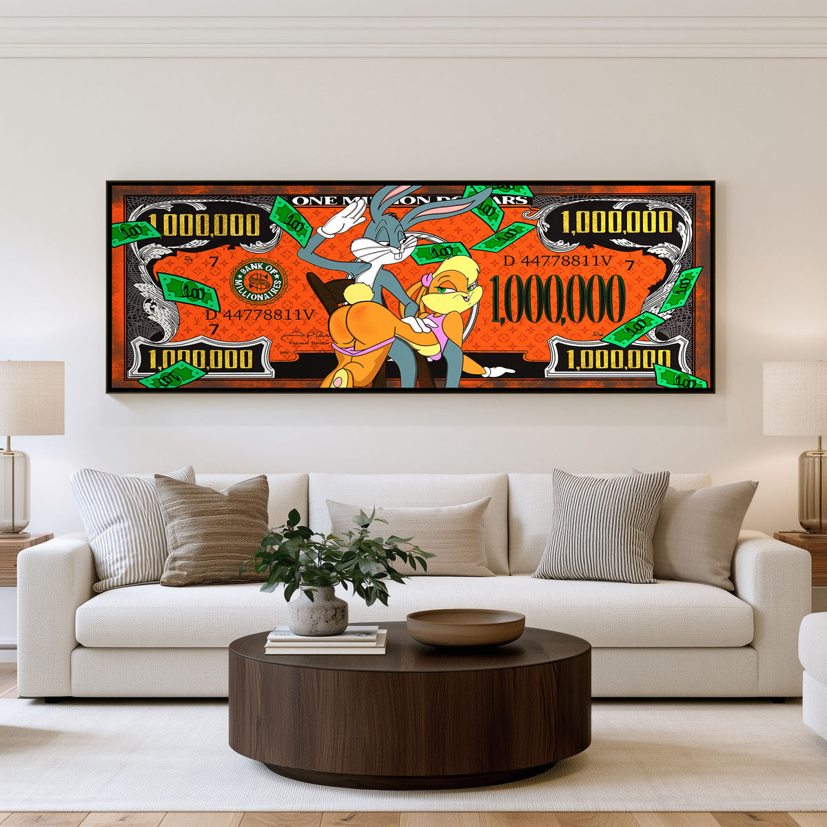 Cash Splash panoramic wall art shown in a living room