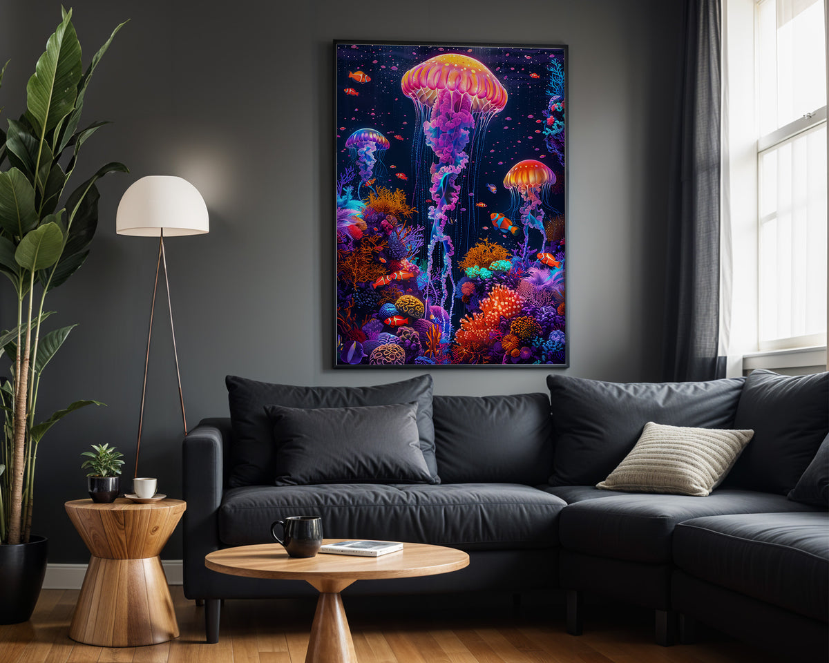 Celestial Bloom psychedelic wall art – dark lounge view