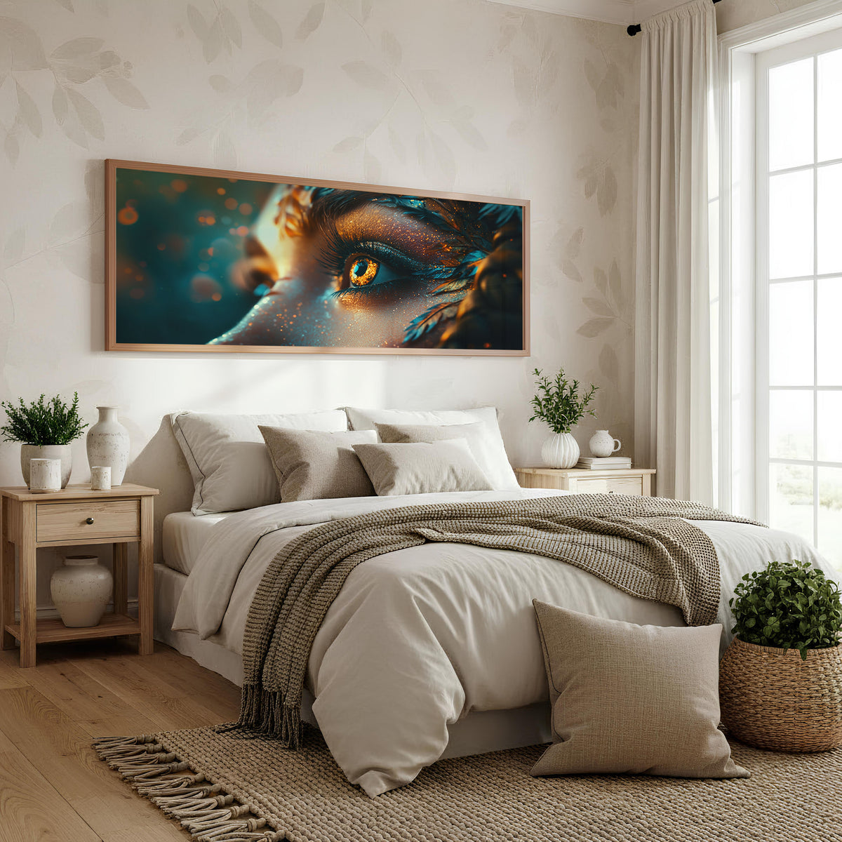 Amber Eye Panoramic Wall Art shown in a bedroom