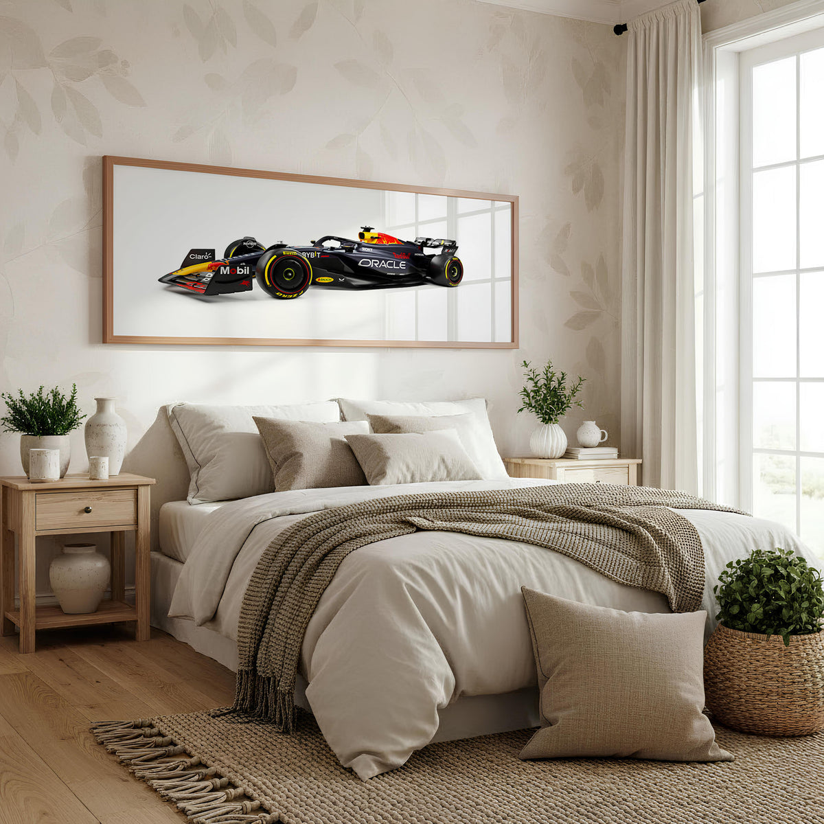 Championship Panoramic Formula 1 Wall Art shown in a bedroom