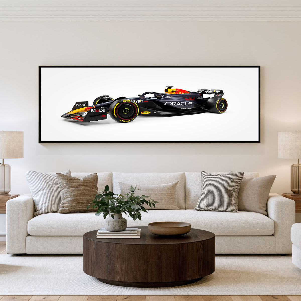 Championship Panoramic Formula 1 Wall Art shown in a living room