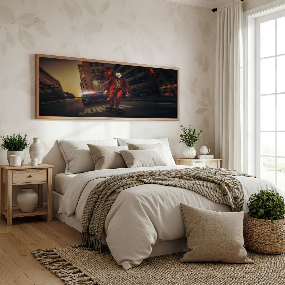 Joker Midnight Ride Panoramic Wall Art shown in a bedroom