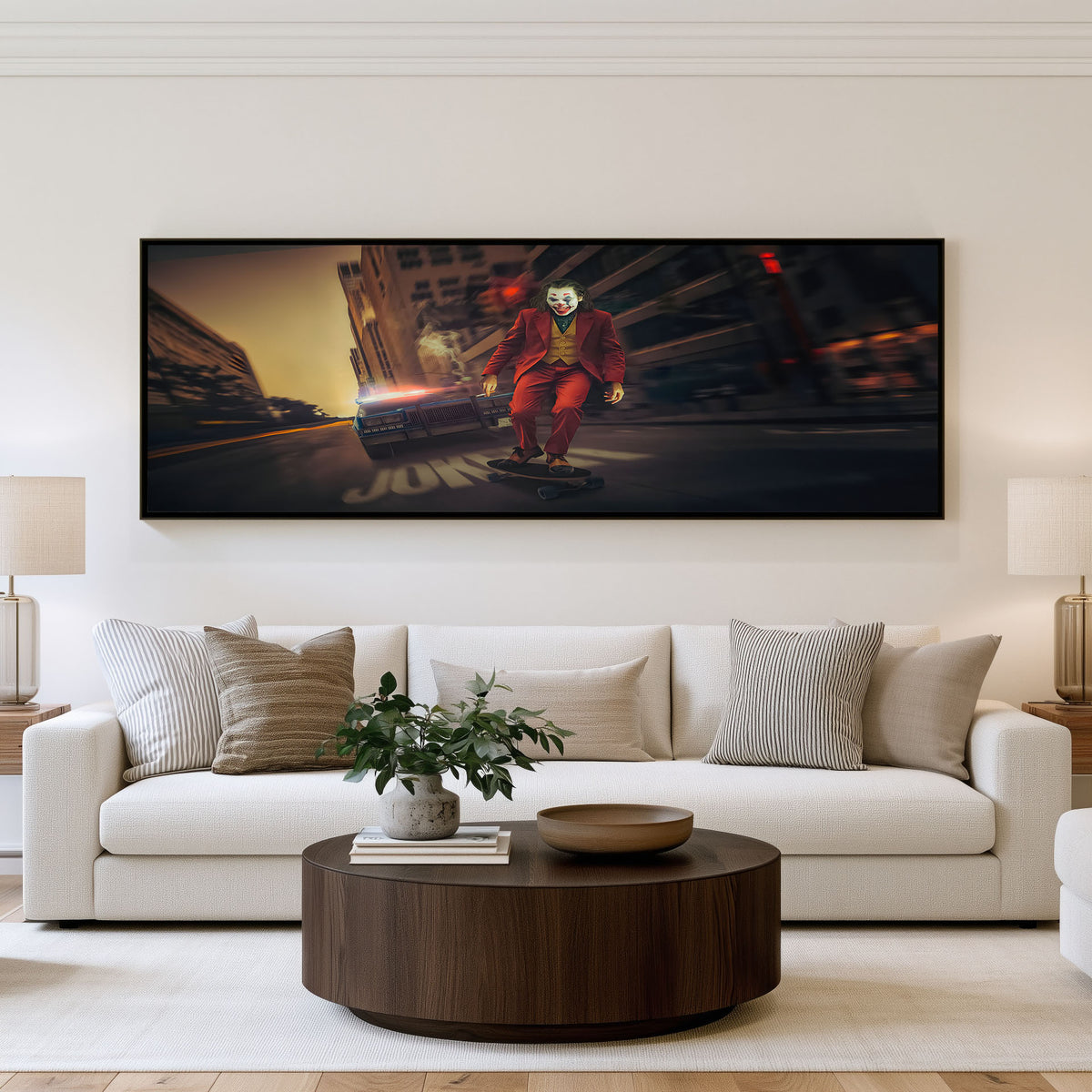 Joker Midnight Ride Panoramic Wall Art shown in a living room