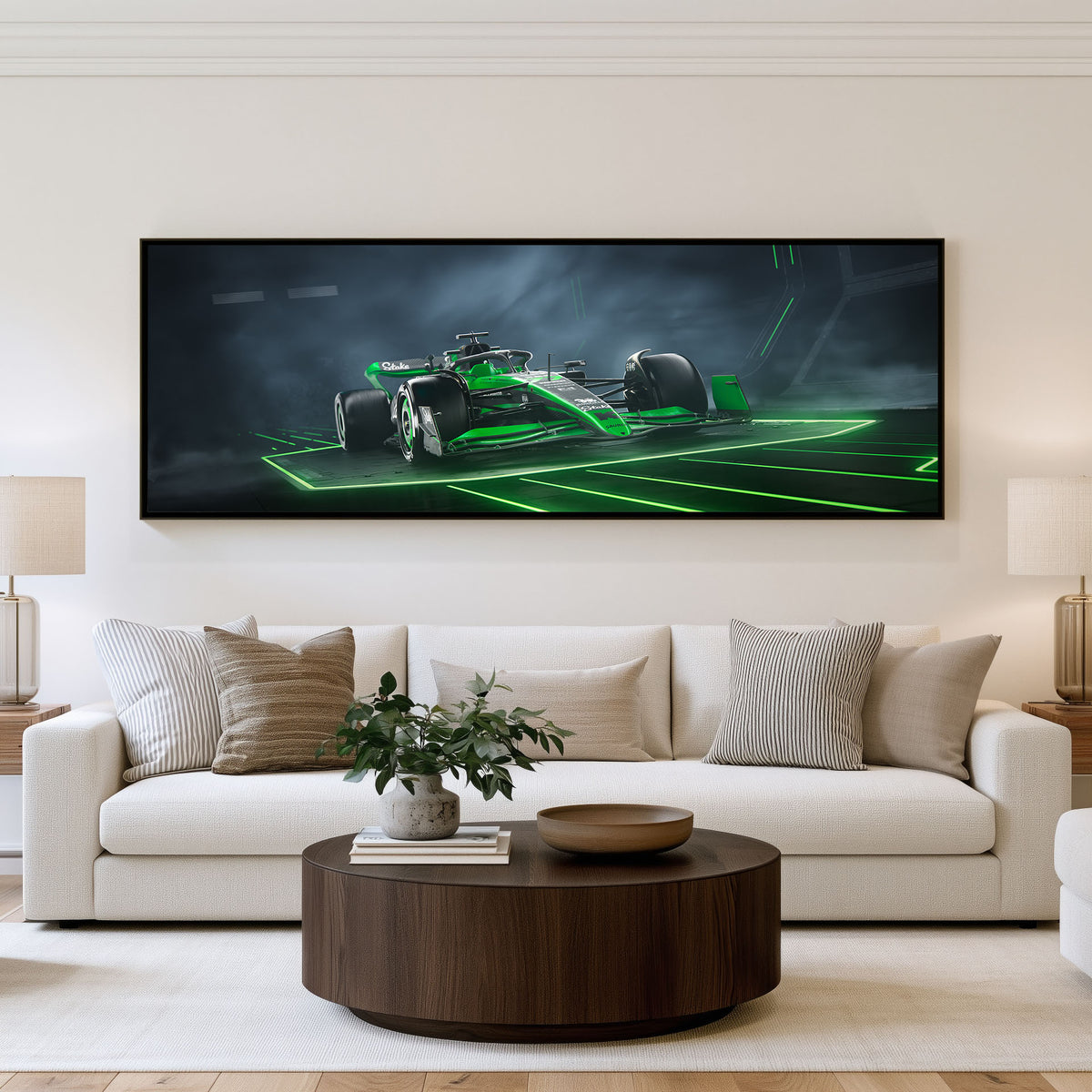 Checkered Panoramic Formula 1 Wall Art shown in a living room