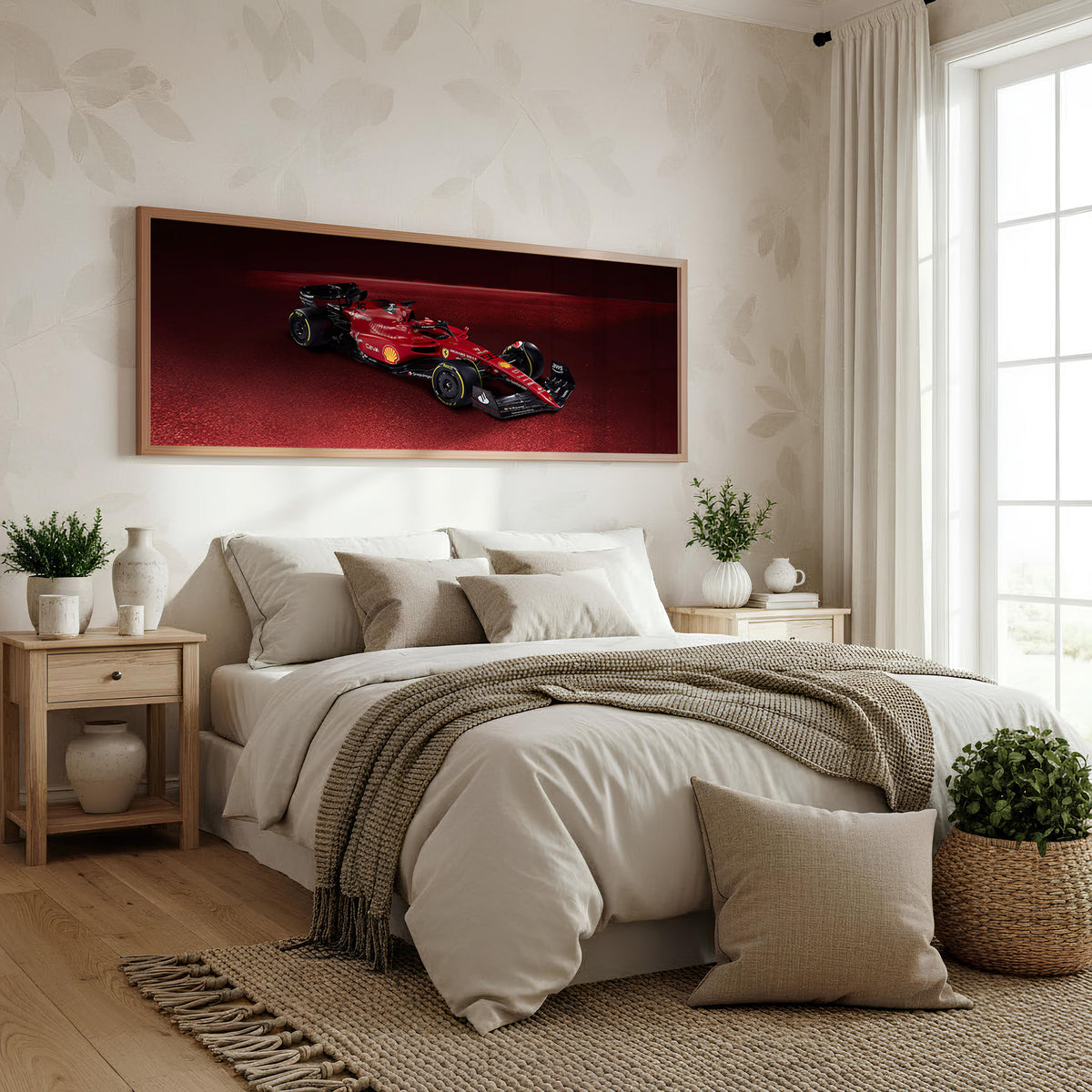 Chicane Panoramic Formula 1 Wall Art shown in a bedroom