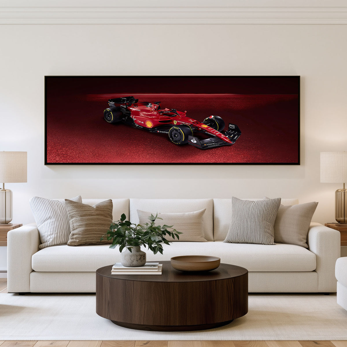 Chicane Panoramic Formula 1 Wall Art shown in a living room