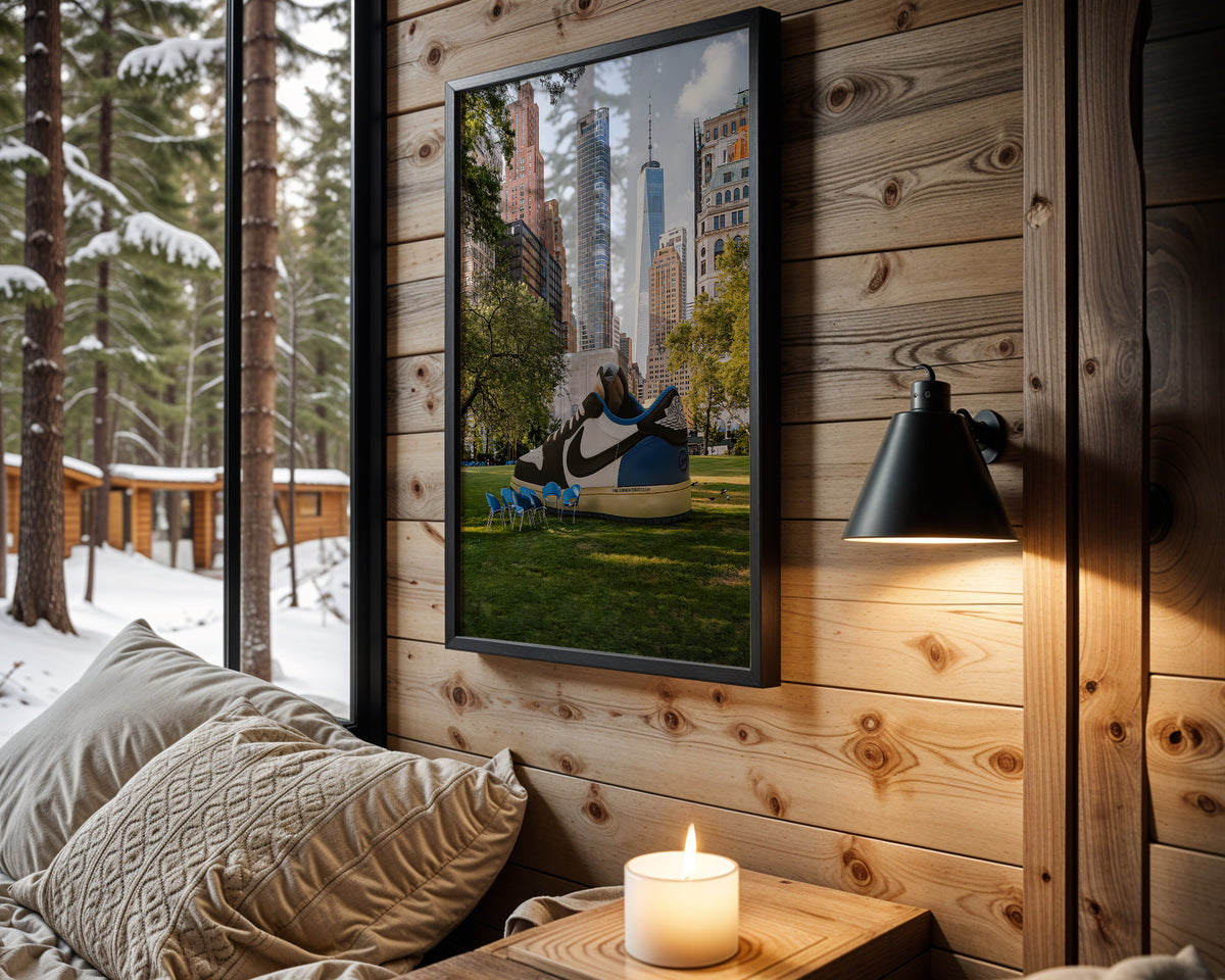 City Park Kicks sneaker wall art in cabin interior