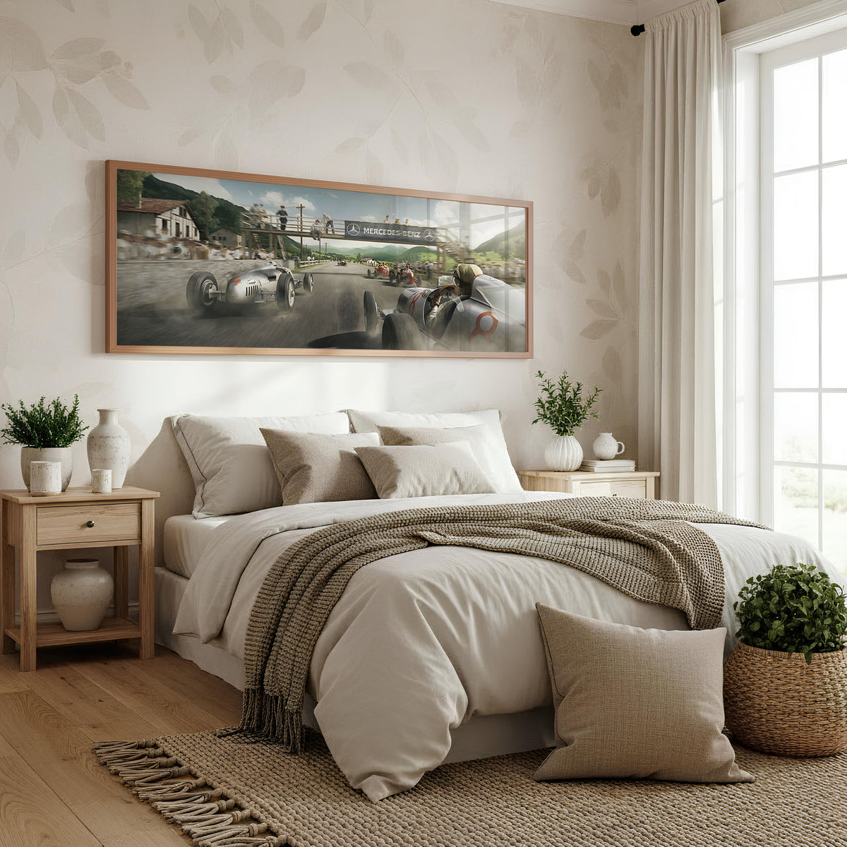 Classic Grand Prix panoramic wall art shown in a bedroom