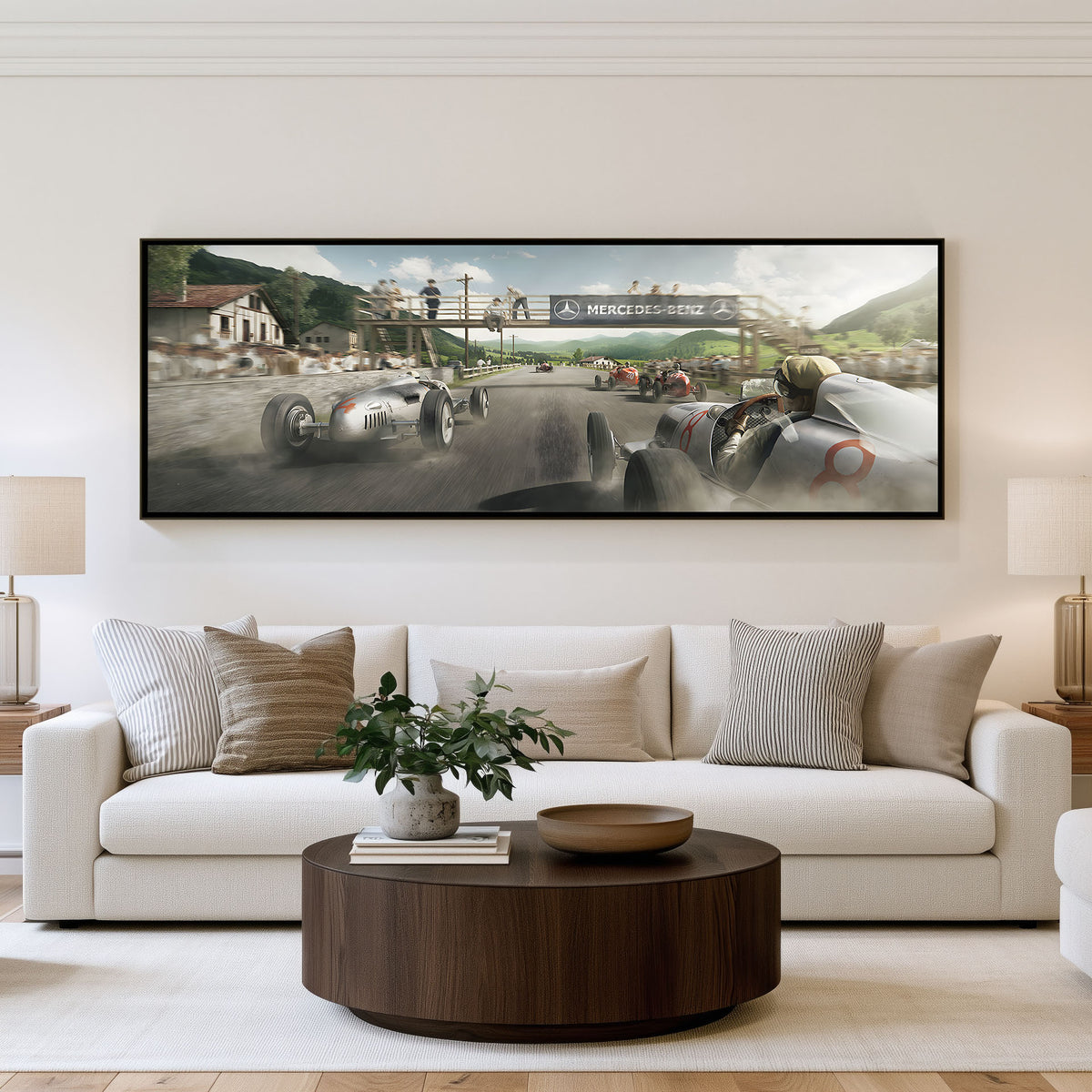 Classic Grand Prix panoramic wall art shown in a living room