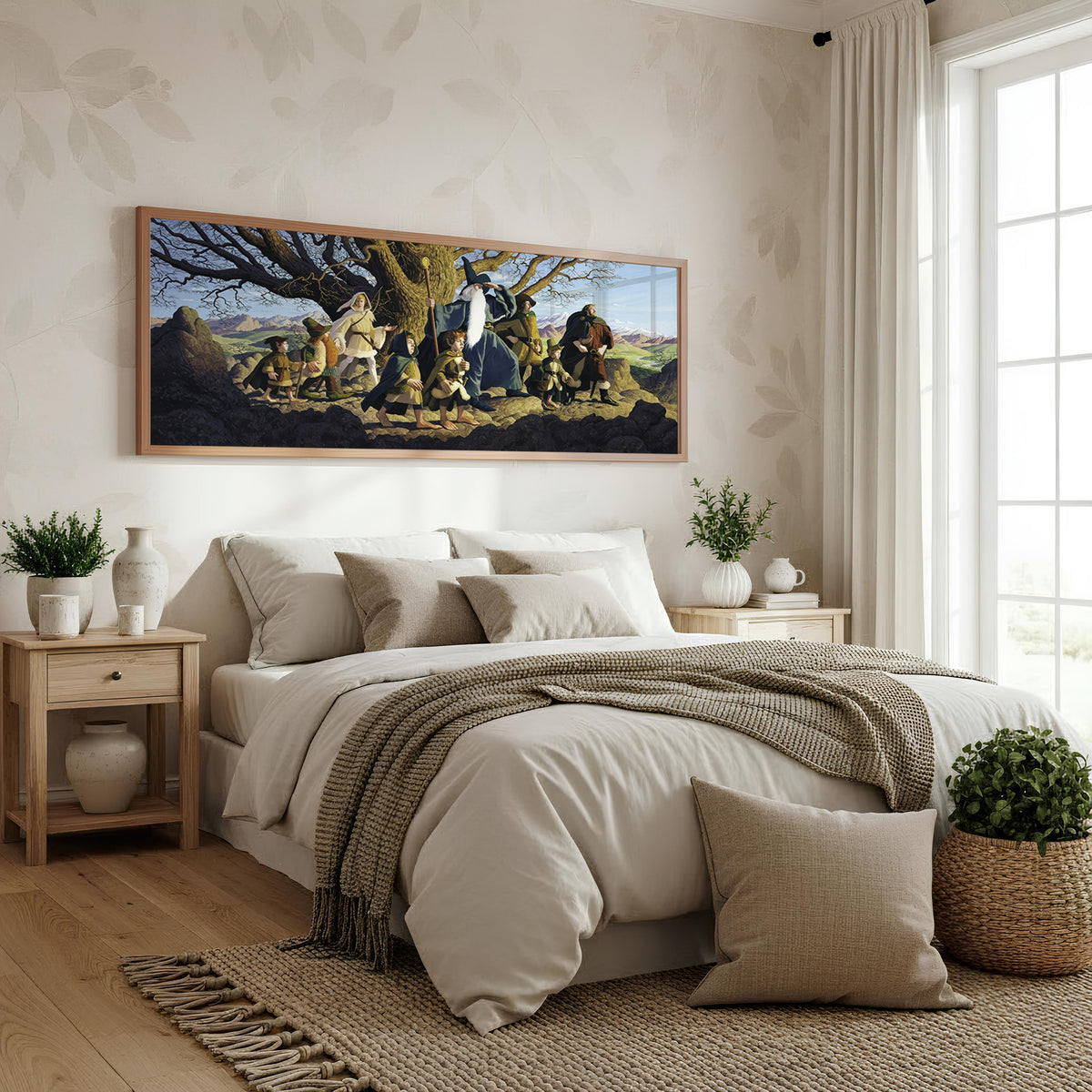 Old World Travellers Panoramic Wall Art shown in a bedroom