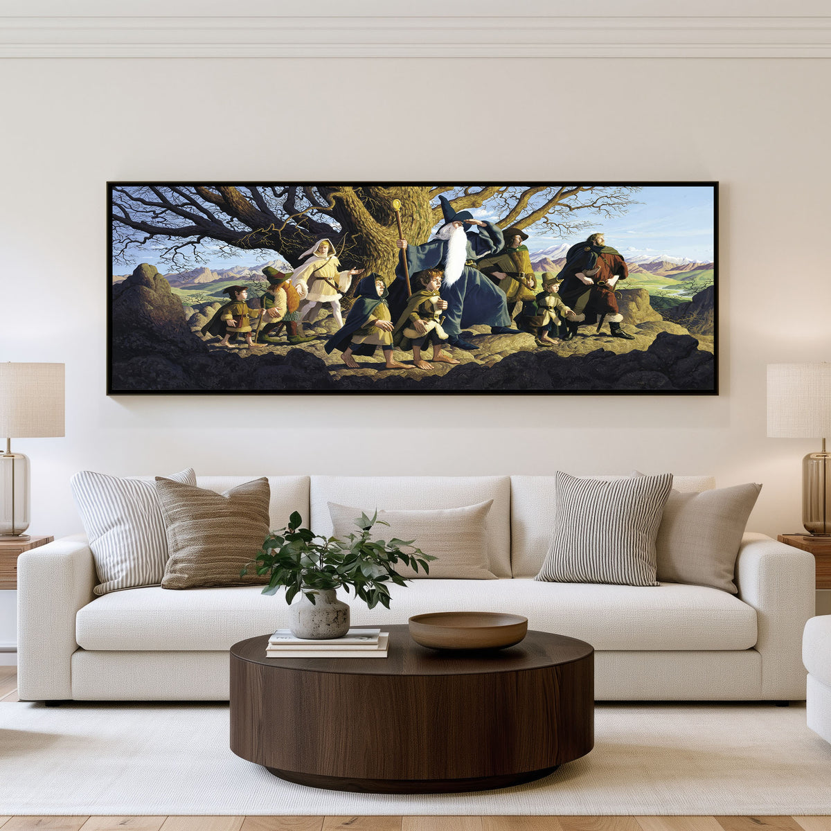 Old World Travellers Panoramic Wall Art shown in a living room