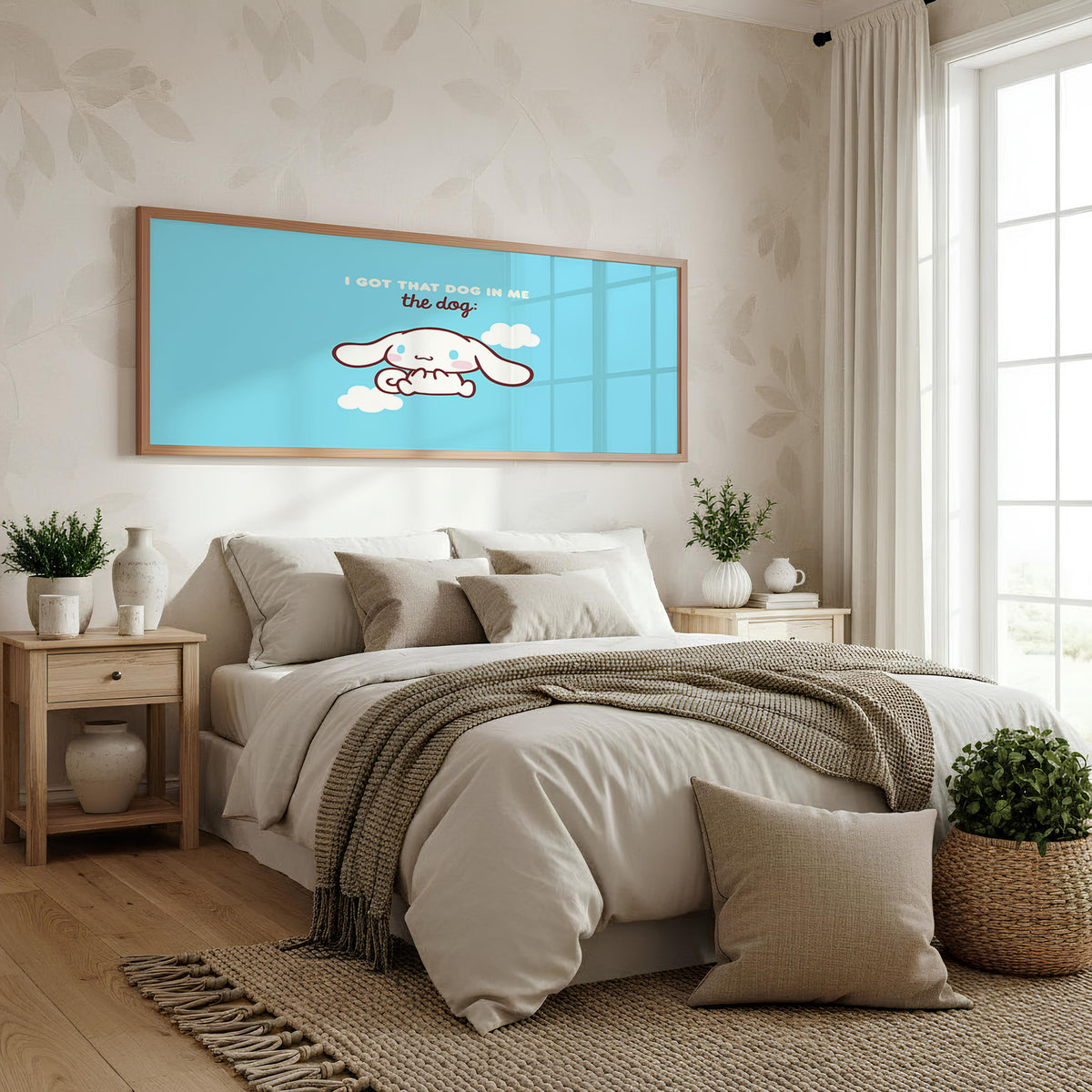 Cinnamoroll Cloud Nap Panoramic Wall Art shown in a bedroom
