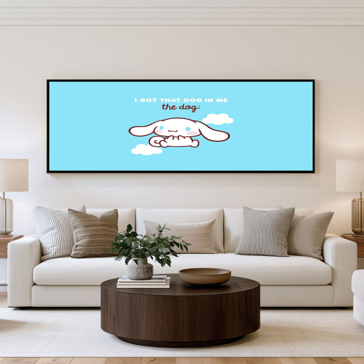 Cinnamoroll Cloud Nap Panoramic Wall Art shown in a living room