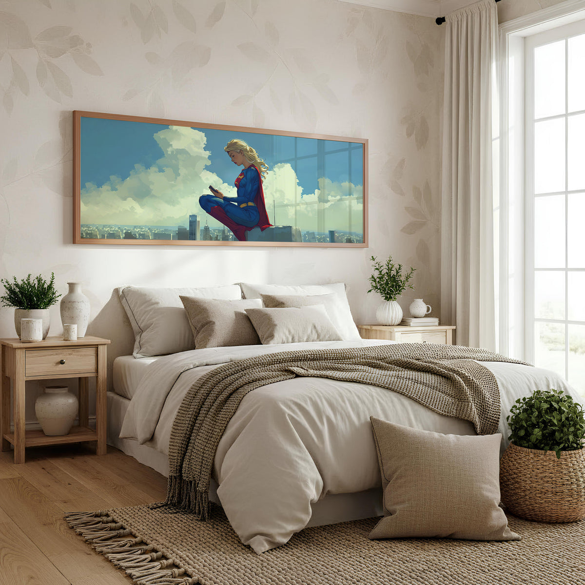 Supergirl Above the Clouds Panoramic Wall Art shown in a bedroom
