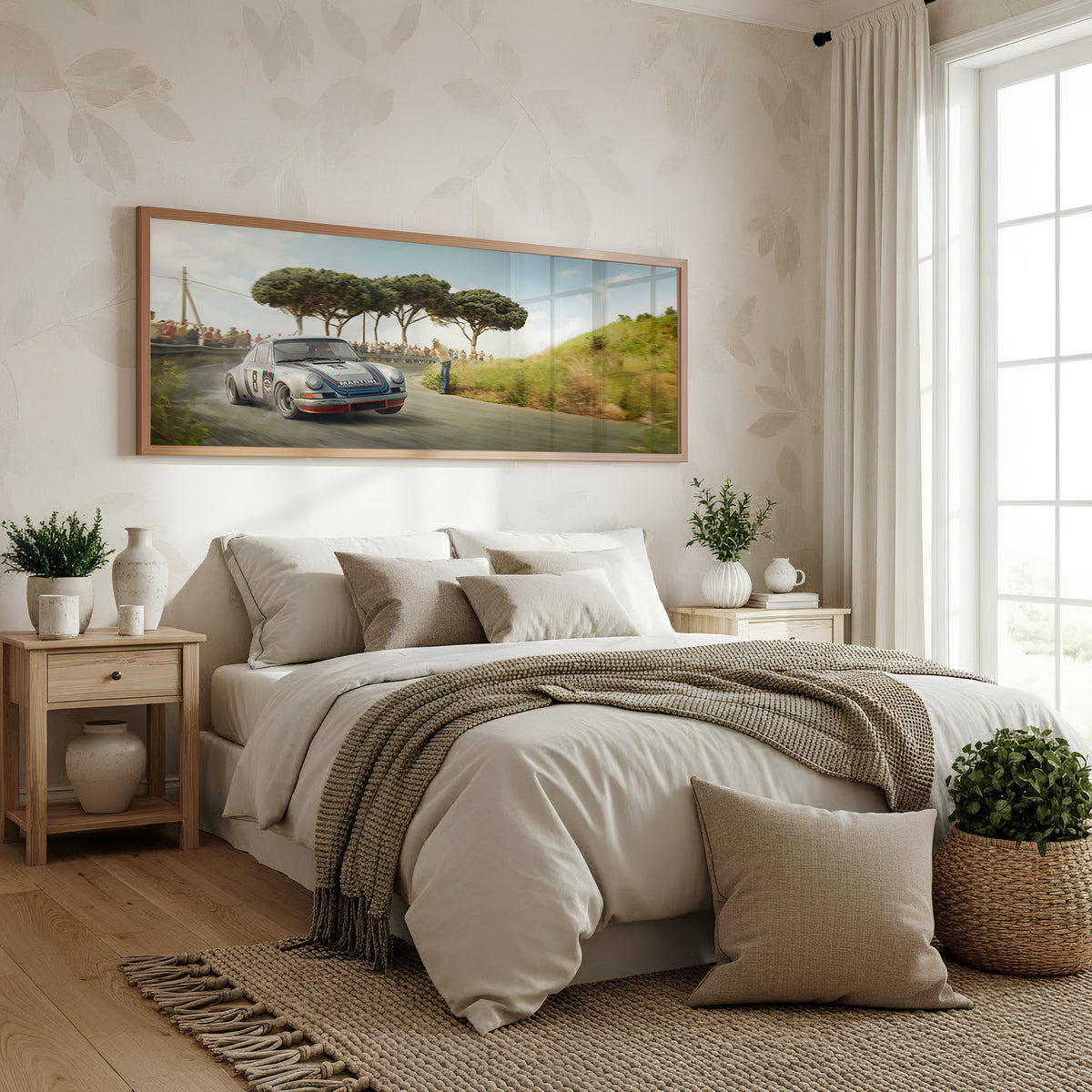 Countryside Road Rally Panoramic Car Wall Art shown in a bedroom