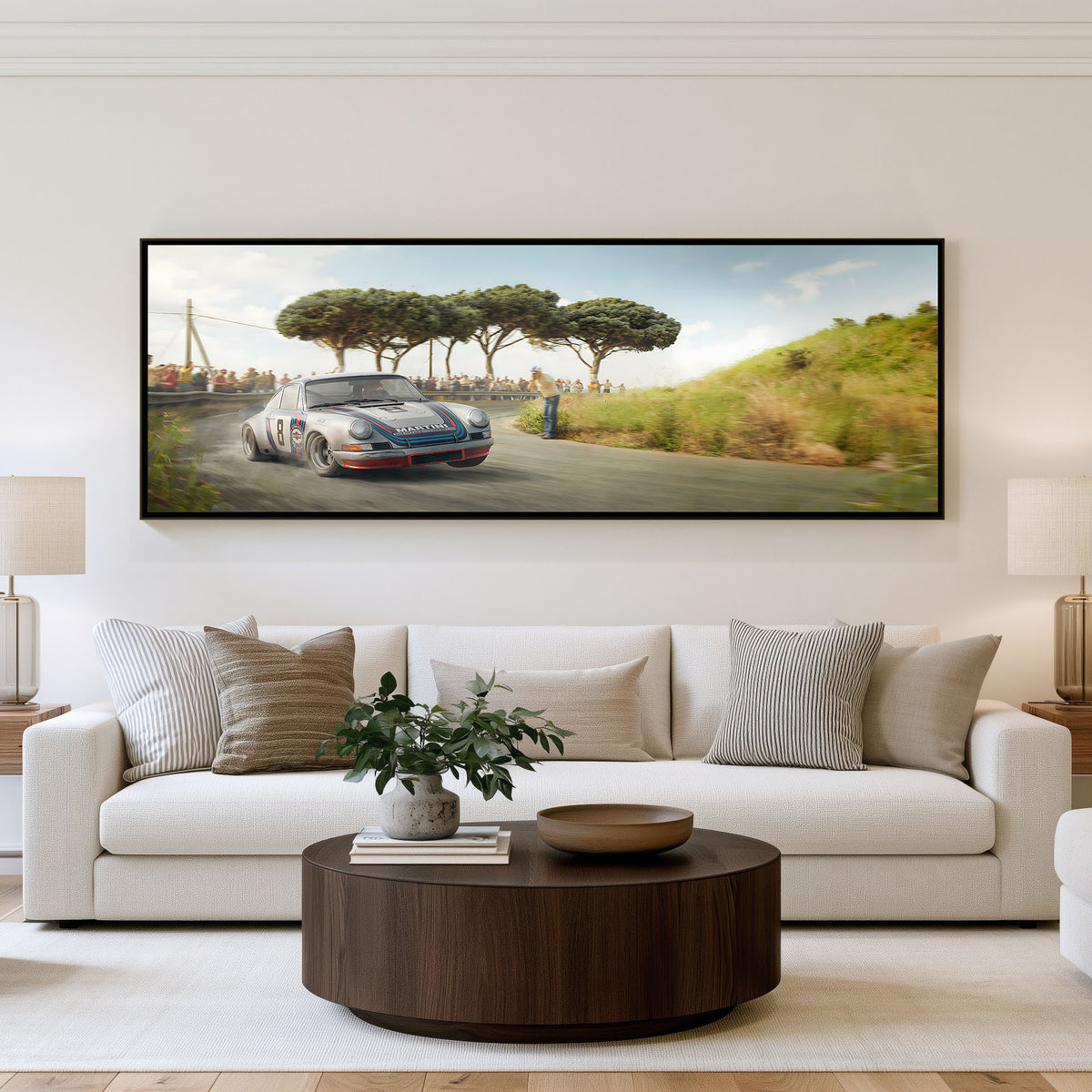 Countryside Road Rally Panoramic Car Wall Art shown in a living room