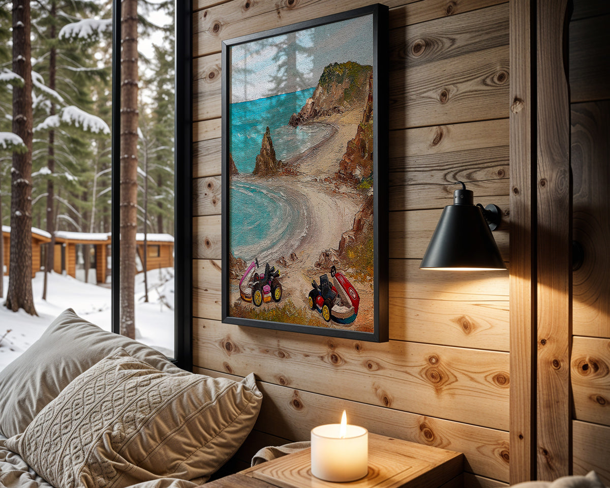 Coastal Racers wall art in cabin interior