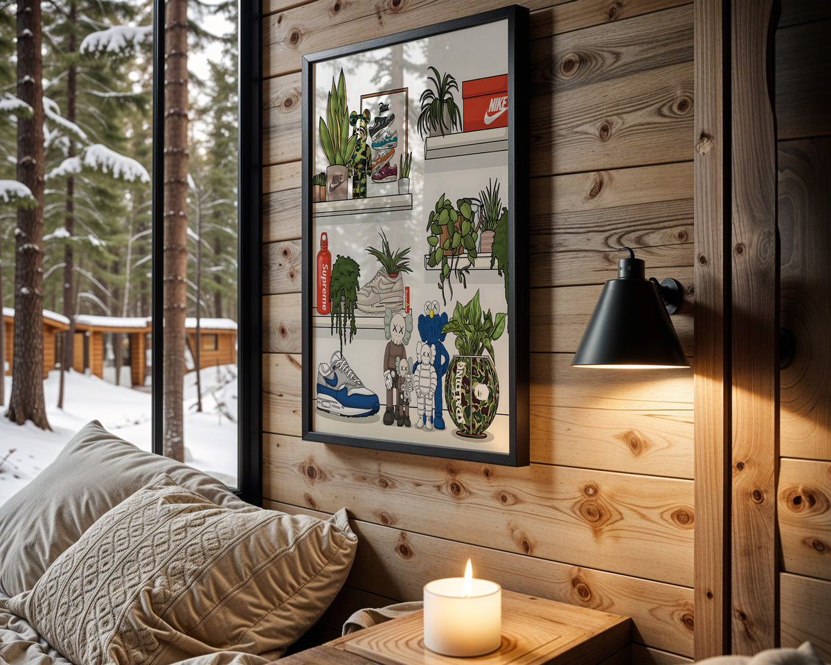 Collector's Shelf sneaker wall art in cabin interior