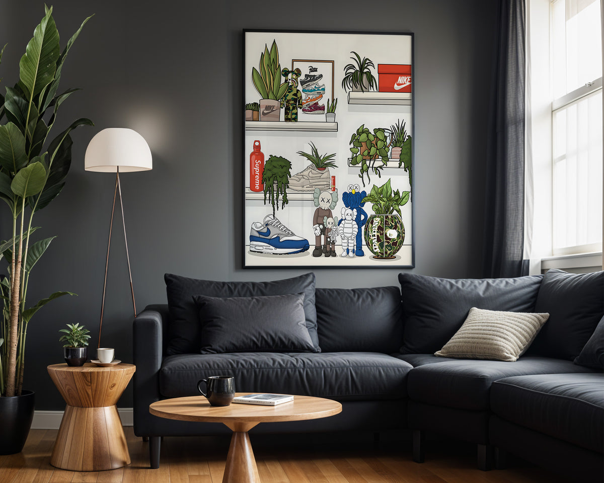 Collector's Shelf sneaker wall art in modern living room