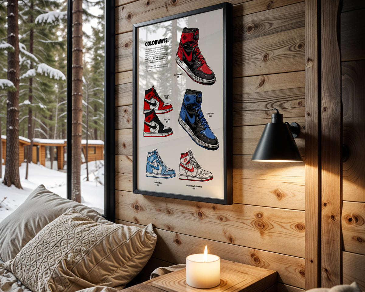 Colorways sneaker wall art in cabin interior
