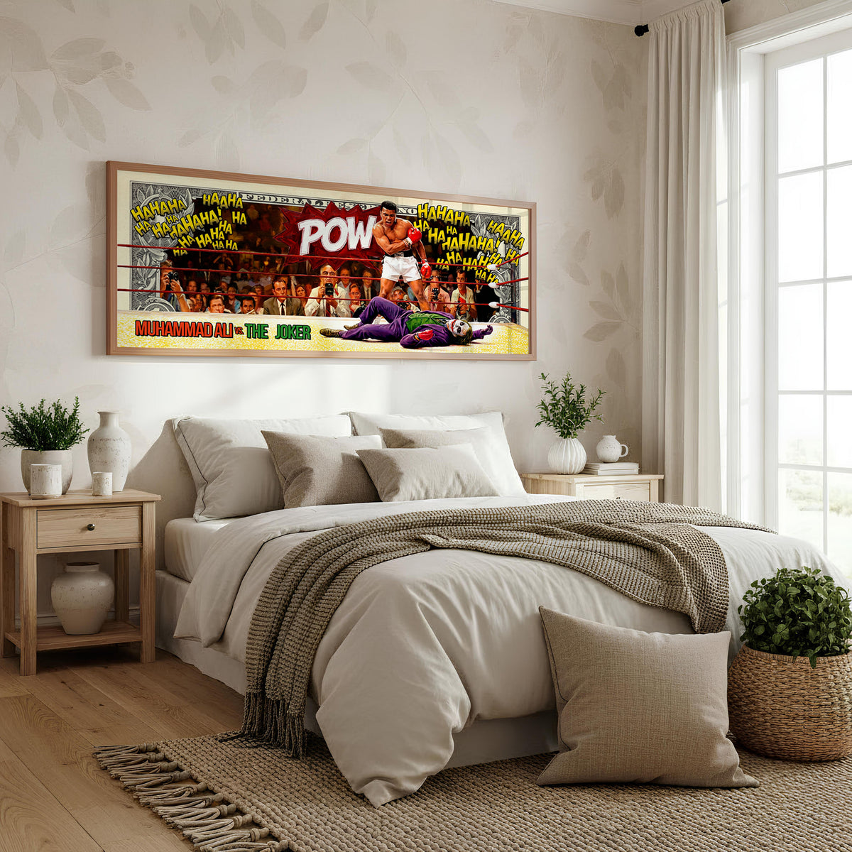 Ali vs Joker Knockout Panoramic Wall Art shown in a bedroom