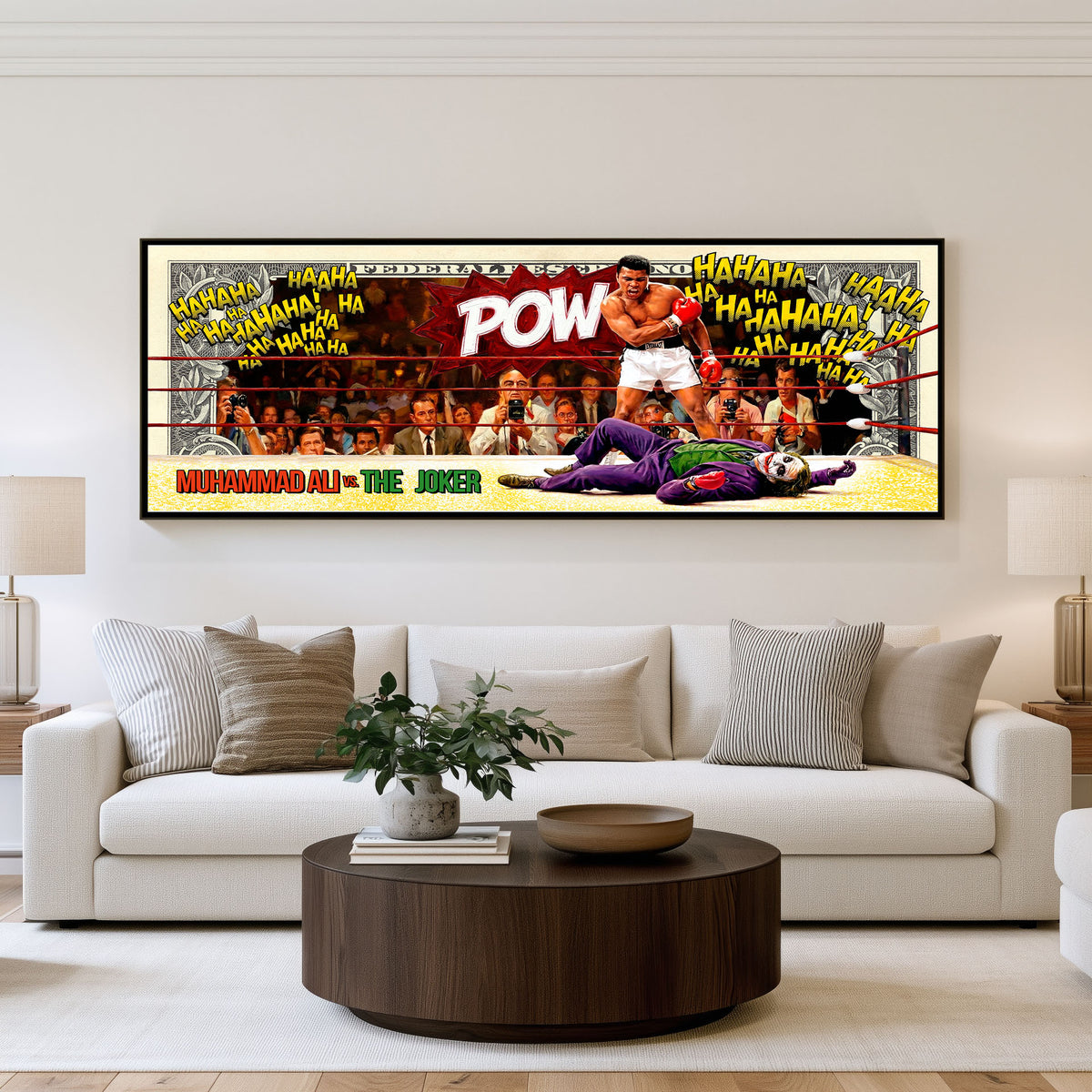 Ali vs Joker Knockout Panoramic Wall Art shown in a living room