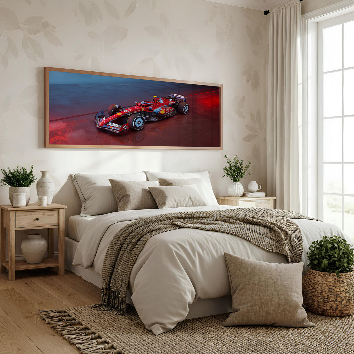 Corner Exit Panoramic Formula 1 Wall Art shown in a bedroom