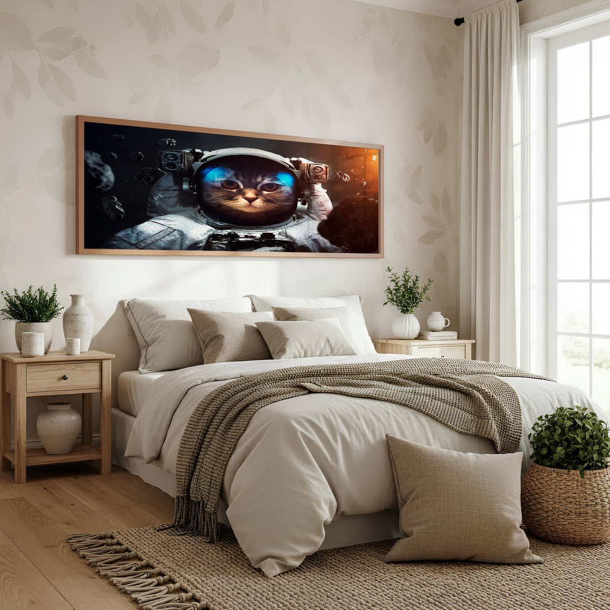 Cosmic Cat Astronaut Panoramic Wall Art shown in a bedroom