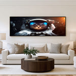 Cosmic Cat Astronaut Panoramic Wall Art shown in a living room