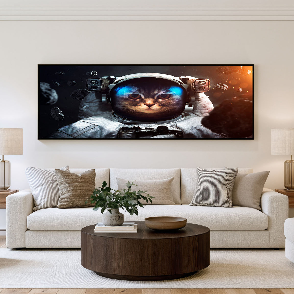Cosmic Cat Astronaut Panoramic Wall Art shown in a living room