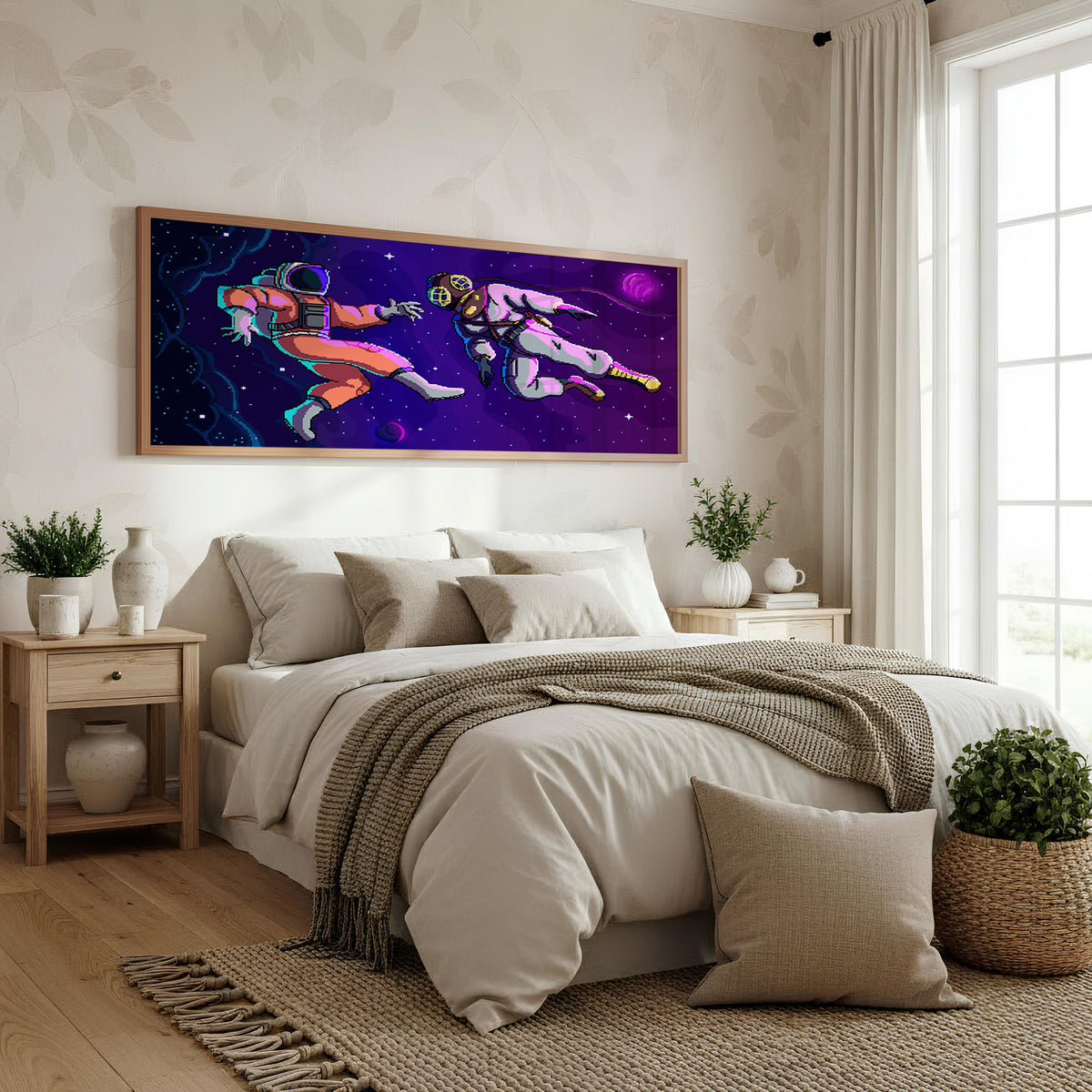 Cosmic Sports Panoramic Wall Art shown in a bedroom