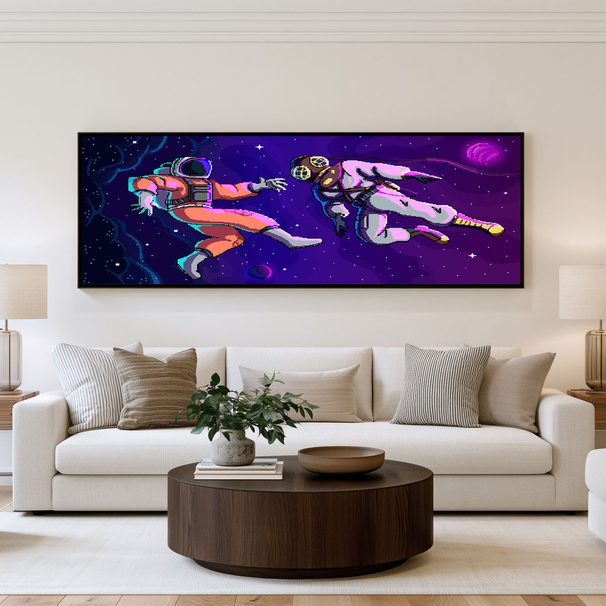 Cosmic Sports Panoramic Wall Art shown in a living room