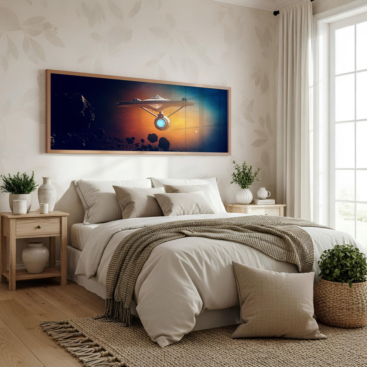 Enterprise Cosmic Voyage Panoramic Wall Art shown in a bedroom